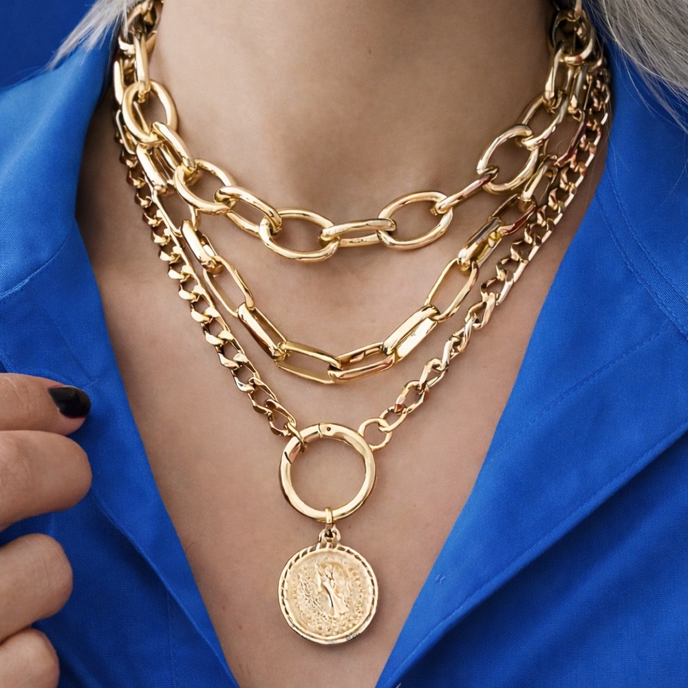 Gold Tone 3 Separate Strand Large Statement Necklace